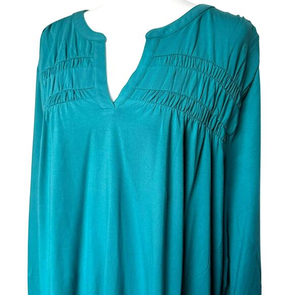 ISAAC‎ MIZRAHI Women's 4X Plus Teal Blue Long Sleeve Tunic Top V Neck Shirred - Picture 1 of 10